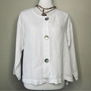 Habitat white linen Lagenlook mother of pearl button front collarless top size S